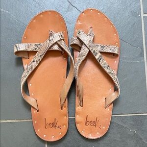 beek Women’s Tan Leather Sandals with Snake-Print Straps